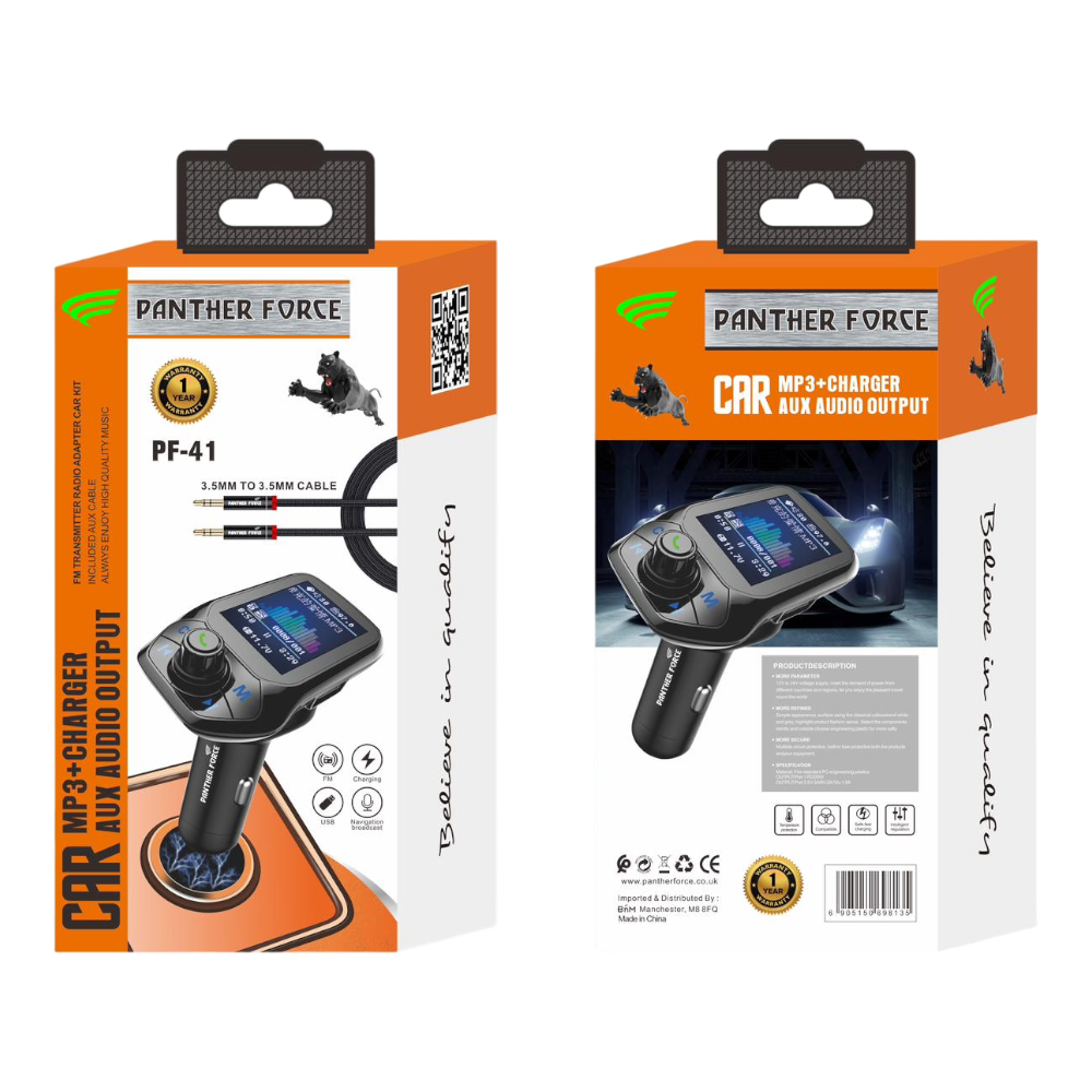 2.4A Car MP3 and Charger with Aux Audio Output (A2DP - 4EDR) - PF41 | Bluetooth FM Transmitter, Dual USB Charging Ports, & Hands-Free Calling | Premium Car Audio Accessory for Music & Convenience 2.4A Car MP3 and Charger with Aux Audio Output (A2DP - 4EDR) - PF41 | Bluetooth FM Transmitter, Dual USB Charging Ports, & Hands-Free Calling | Premium Car Audio Accessory for Music & Convenience
